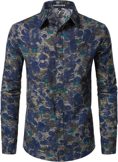 PARKLEES Men's Cotton Linen-Like 70s Disco Retro Traditional Pattern Printed Long Sleeve Button Down Shirt