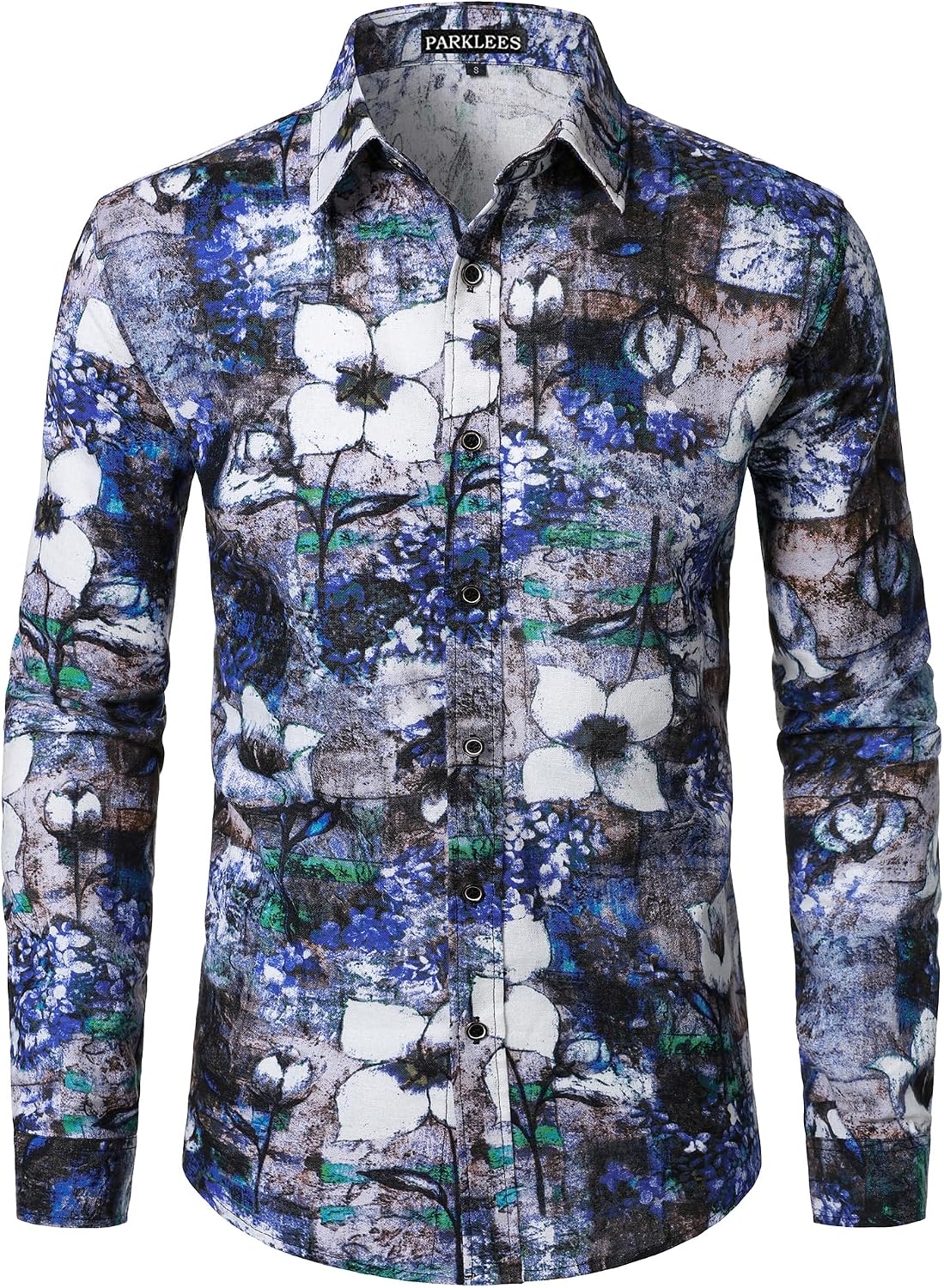 PARKLEES Men's Cotton Linen-Like 70s Disco Retro Traditional Pattern Printed Long Sleeve Button Down Shirt