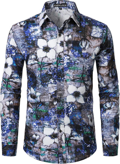 PARKLEES Men's Cotton Linen-Like 70s Disco Retro Traditional Pattern Printed Long Sleeve Button Down Shirt
