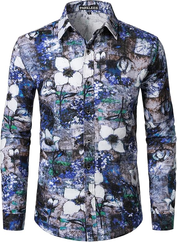 PARKLEES Men's Cotton Linen-Like 70s Disco Retro Traditional Pattern Printed Long Sleeve Button Down Shirt