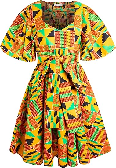 Women's African Print Dress Ankara Wax Dresses Lantern Sleeves