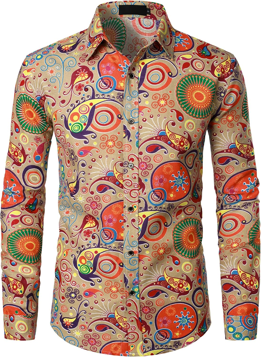 PARKLEES Men's Cotton Linen-Like 70s Disco Retro Traditional Pattern Printed Long Sleeve Button Down Shirt