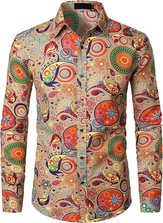 PARKLEES Men's Cotton Linen-Like 70s Disco Retro Traditional Pattern Printed Long Sleeve Button Down Shirt