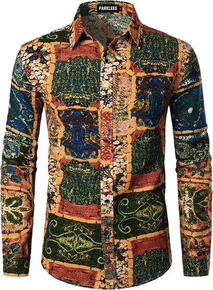 PARKLEES Men's Cotton Linen-Like 70s Disco Retro Traditional Pattern Printed Long Sleeve Button Down Shirt