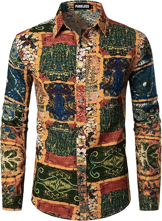 PARKLEES Men's Cotton Linen-Like 70s Disco Retro Traditional Pattern Printed Long Sleeve Button Down Shirt