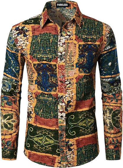 PARKLEES Men's Cotton Linen-Like 70s Disco Retro Traditional Pattern Printed Long Sleeve Button Down Shirt