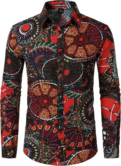 PARKLEES Men's Cotton Linen-Like 70s Disco Retro Traditional Pattern Printed Long Sleeve Button Down Shirt