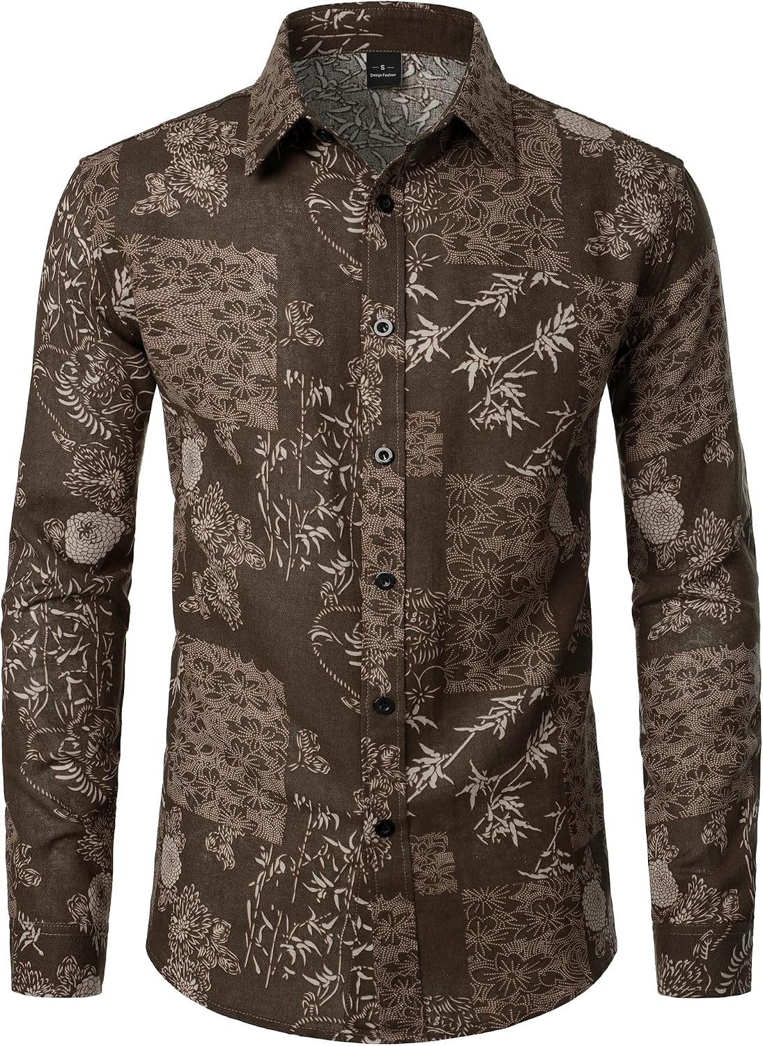 PARKLEES Men's Cotton Linen-Like 70s Disco Retro Traditional Pattern Printed Long Sleeve Button Down Shirt