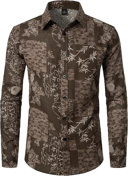 PARKLEES Men's Cotton Linen-Like 70s Disco Retro Traditional Pattern Printed Long Sleeve Button Down Shirt