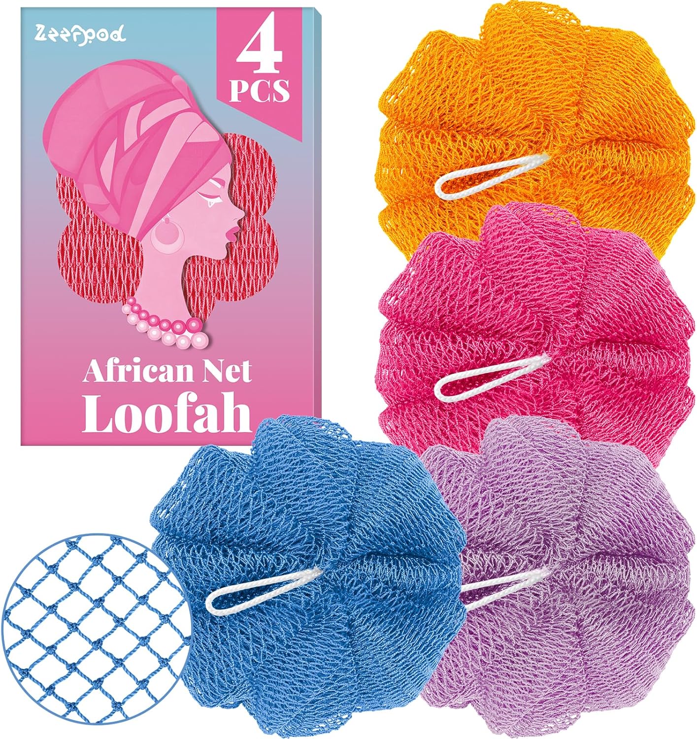 African Net Sponge Authentic-4 Packs African Exfoliating Net Sponge,Bath Sponges for Shower,42 inch Long for Normal to Sensitive Skin, for Daily use, Body Exfoliator Shower (Green,Pink,Blue,Grey)