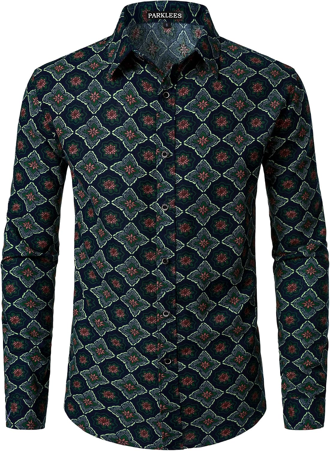 PARKLEES Men's Cotton Linen-Like 70s Disco Retro Traditional Pattern Printed Long Sleeve Button Down Shirt