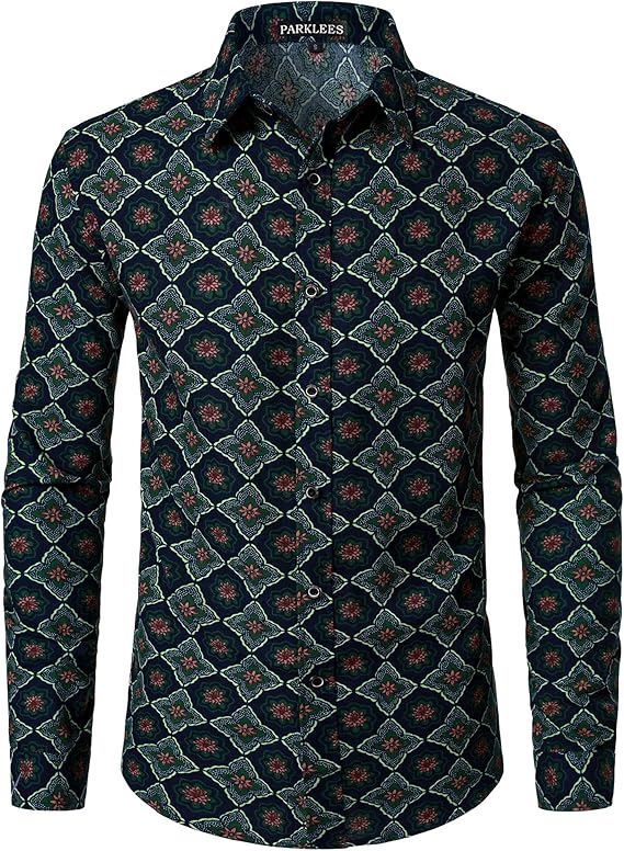 PARKLEES Men's Cotton Linen-Like 70s Disco Retro Traditional Pattern Printed Long Sleeve Button Down Shirt