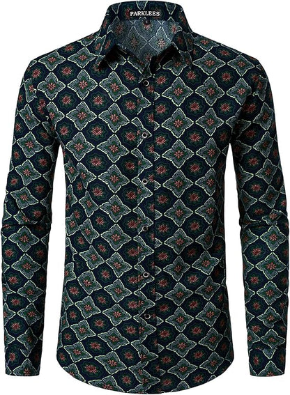 PARKLEES Men's Cotton Linen-Like 70s Disco Retro Traditional Pattern Printed Long Sleeve Button Down Shirt
