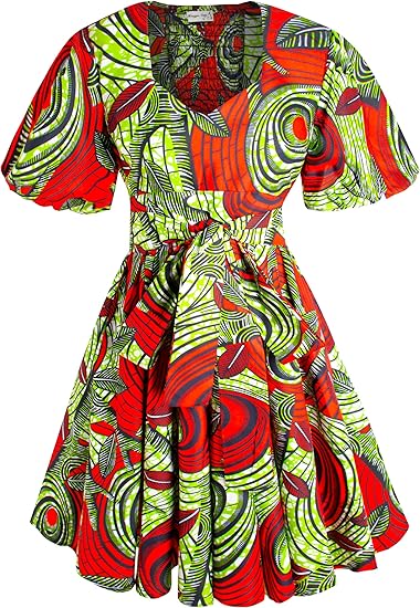 Women's African Print Dress Ankara Wax Dresses Lantern Sleeves