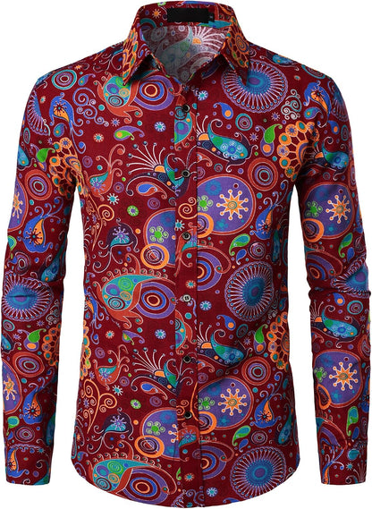 PARKLEES Men's Cotton Linen-Like 70s Disco Retro Traditional Pattern Printed Long Sleeve Button Down Shirt