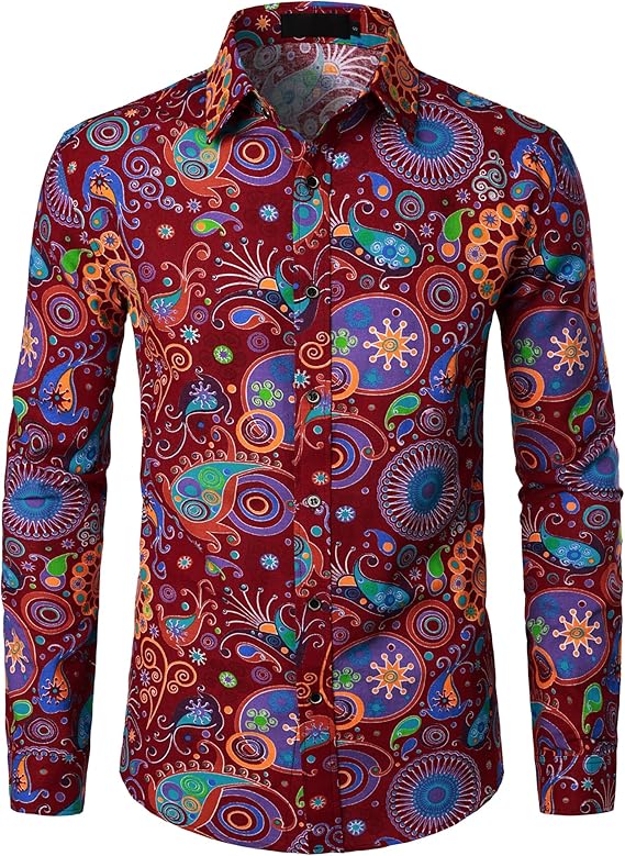 PARKLEES Men's Cotton Linen-Like 70s Disco Retro Traditional Pattern Printed Long Sleeve Button Down Shirt