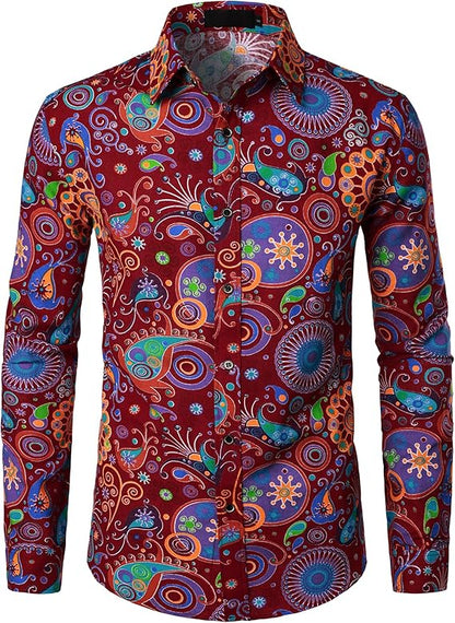 PARKLEES Men's Cotton Linen-Like 70s Disco Retro Traditional Pattern Printed Long Sleeve Button Down Shirt