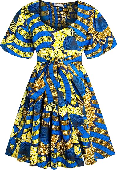 Women's African Print Dress Ankara Wax Dresses Lantern Sleeves