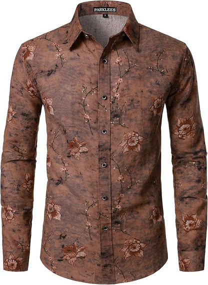 PARKLEES Men's Cotton Linen-Like 70s Disco Retro Traditional Pattern Printed Long Sleeve Button Down Shirt