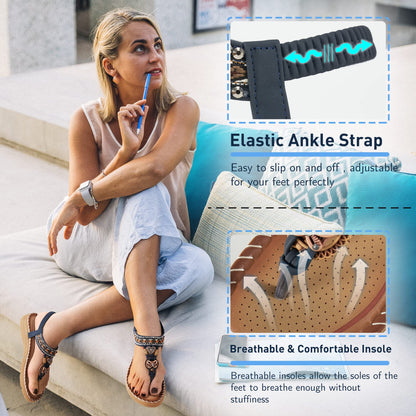 Aomigoct Sandals Women Flat Shoes: Dressy Summer Bohemian Flats Shoes for Women Sandals Comfortable Ankle Strap Outdoor Walking