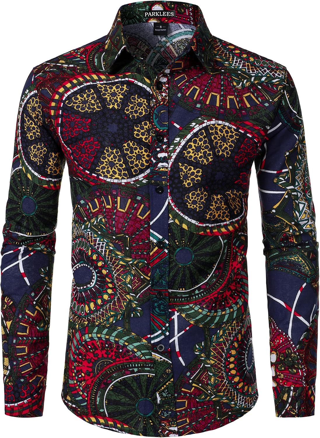 PARKLEES Men's Cotton Linen-Like 70s Disco Retro Traditional Pattern Printed Long Sleeve Button Down Shirt