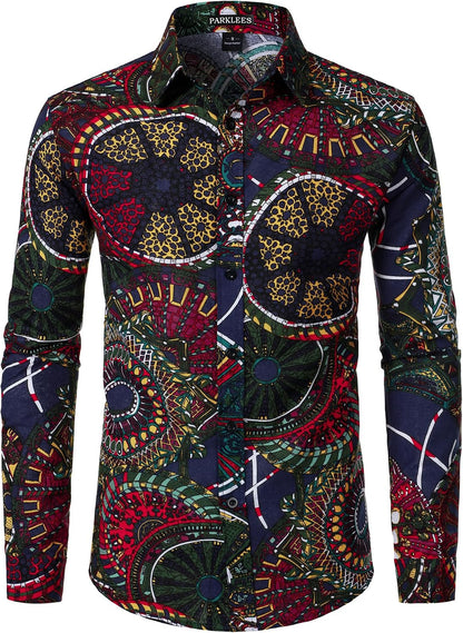 PARKLEES Men's Cotton Linen-Like 70s Disco Retro Traditional Pattern Printed Long Sleeve Button Down Shirt