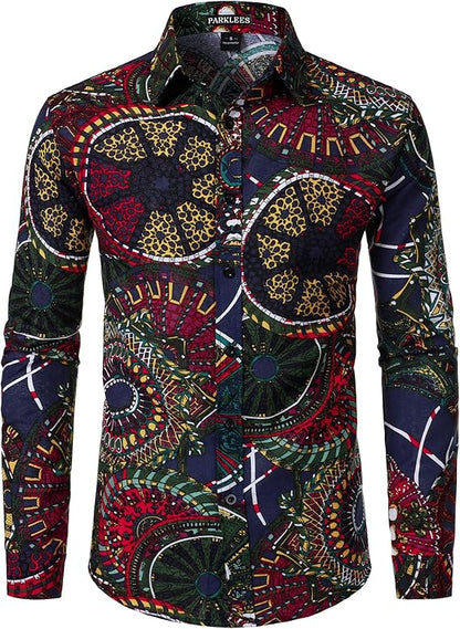 PARKLEES Men's Cotton Linen-Like 70s Disco Retro Traditional Pattern Printed Long Sleeve Button Down Shirt