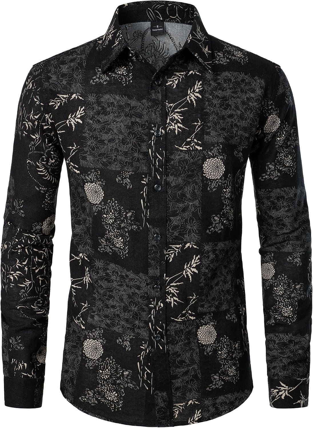 PARKLEES Men's Cotton Linen-Like 70s Disco Retro Traditional Pattern Printed Long Sleeve Button Down Shirt