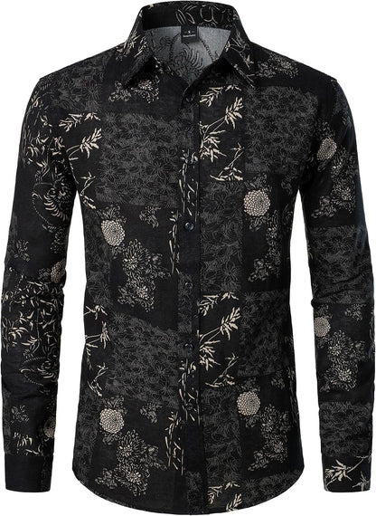 PARKLEES Men's Cotton Linen-Like 70s Disco Retro Traditional Pattern Printed Long Sleeve Button Down Shirt