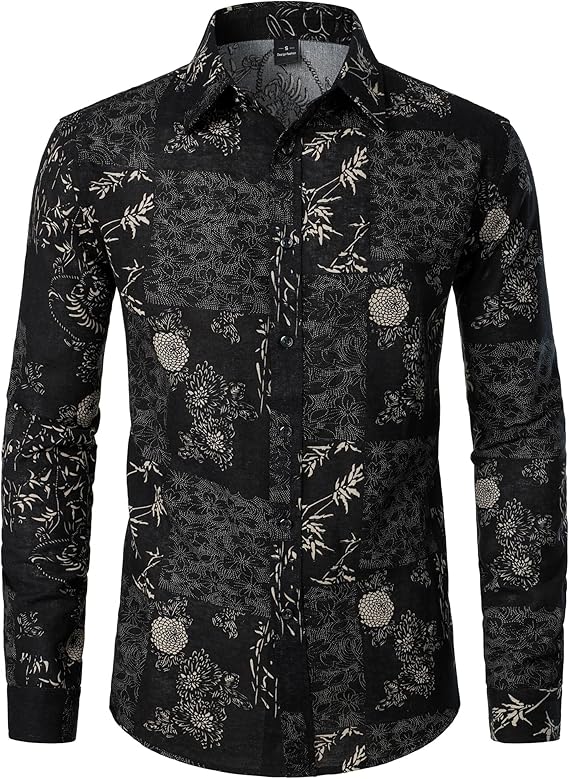 PARKLEES Men's Cotton Linen-Like 70s Disco Retro Traditional Pattern Printed Long Sleeve Button Down Shirt