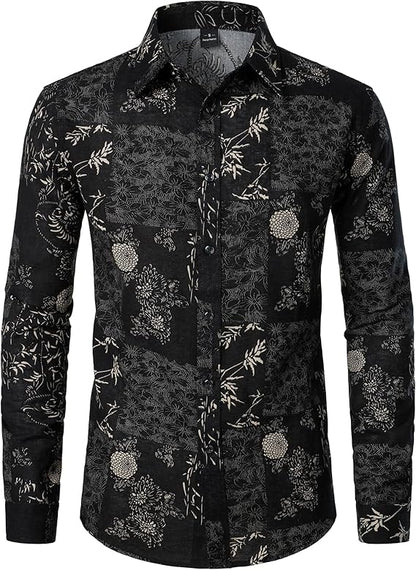 PARKLEES Men's Cotton Linen-Like 70s Disco Retro Traditional Pattern Printed Long Sleeve Button Down Shirt