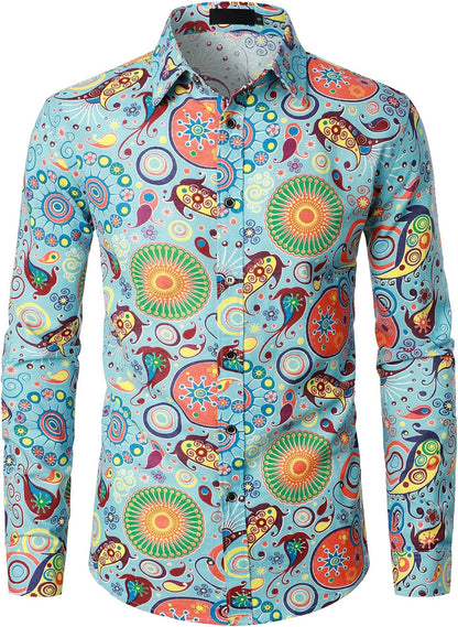 PARKLEES Men's Cotton Linen-Like 70s Disco Retro Traditional Pattern Printed Long Sleeve Button Down Shirt
