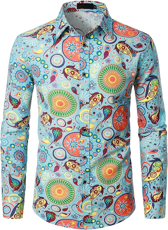PARKLEES Men's Cotton Linen-Like 70s Disco Retro Traditional Pattern Printed Long Sleeve Button Down Shirt