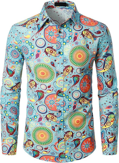 PARKLEES Men's Cotton Linen-Like 70s Disco Retro Traditional Pattern Printed Long Sleeve Button Down Shirt