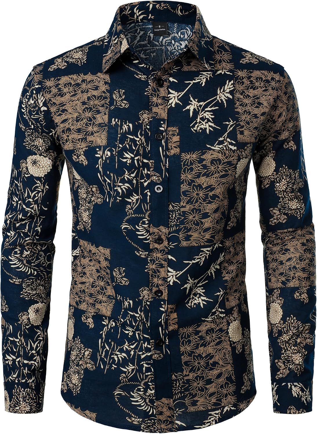 PARKLEES Men's Cotton Linen-Like 70s Disco Retro Traditional Pattern Printed Long Sleeve Button Down Shirt