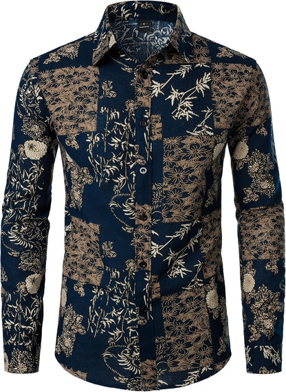 PARKLEES Men's Cotton Linen-Like 70s Disco Retro Traditional Pattern Printed Long Sleeve Button Down Shirt