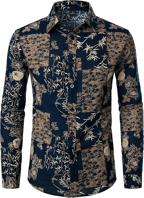PARKLEES Men's Cotton Linen-Like 70s Disco Retro Traditional Pattern Printed Long Sleeve Button Down Shirt
