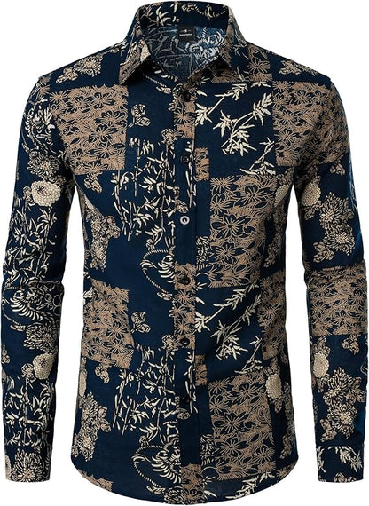 PARKLEES Men's Cotton Linen-Like 70s Disco Retro Traditional Pattern Printed Long Sleeve Button Down Shirt