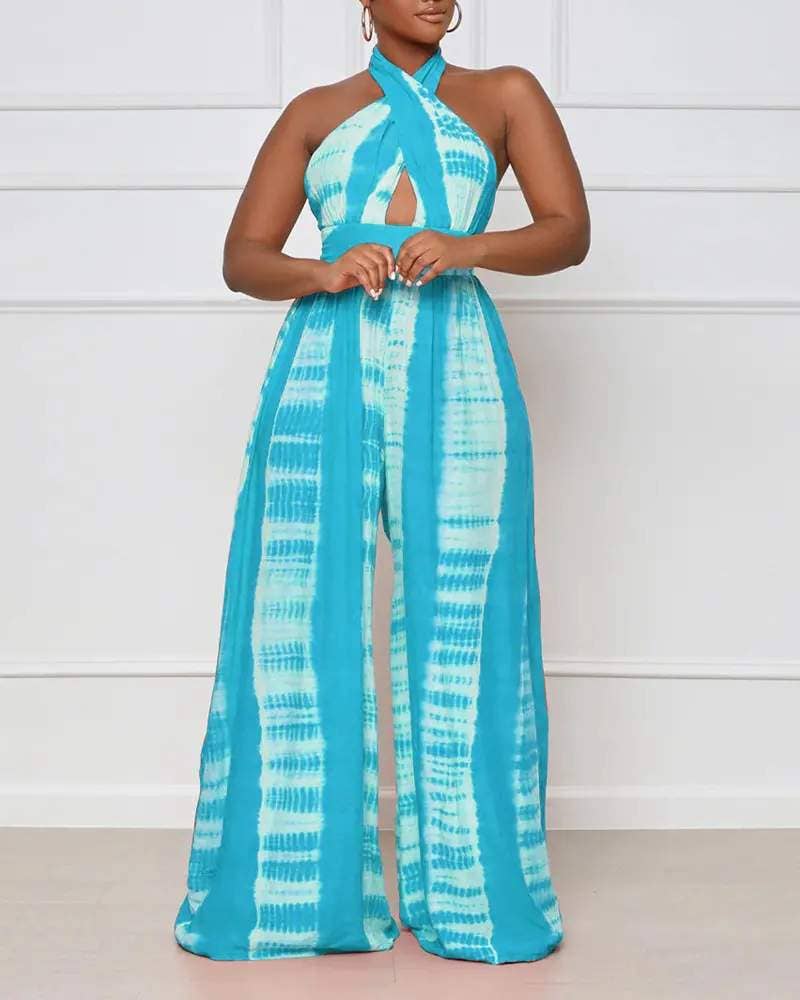 Print halter backless high waist wide leg jumpsuit: ORANGE / 1-1-1-1 / S-M-L-XL
