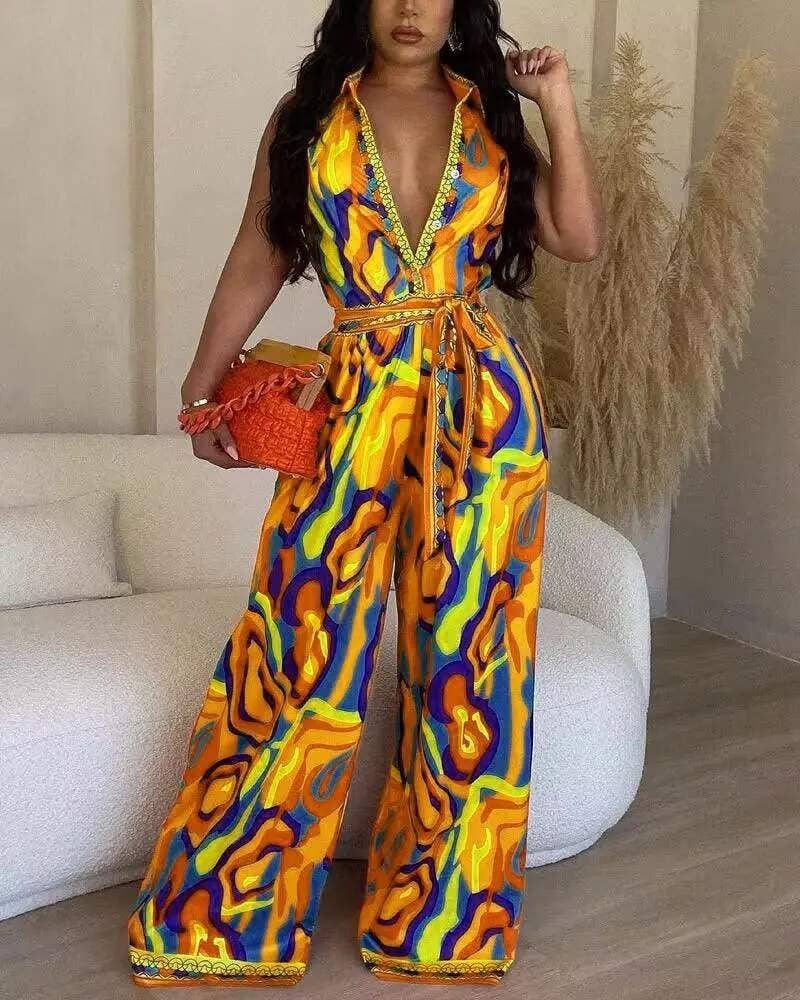 Multi color abstract print wide leg jumpsuit: MULTICOLOR / 1-1-1-1 / S-M-L-XL