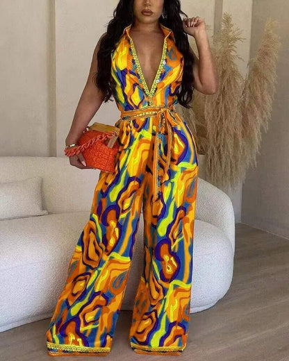 Multi color abstract print wide leg jumpsuit: MULTICOLOR / 1-1-1-1 / S-M-L-XL