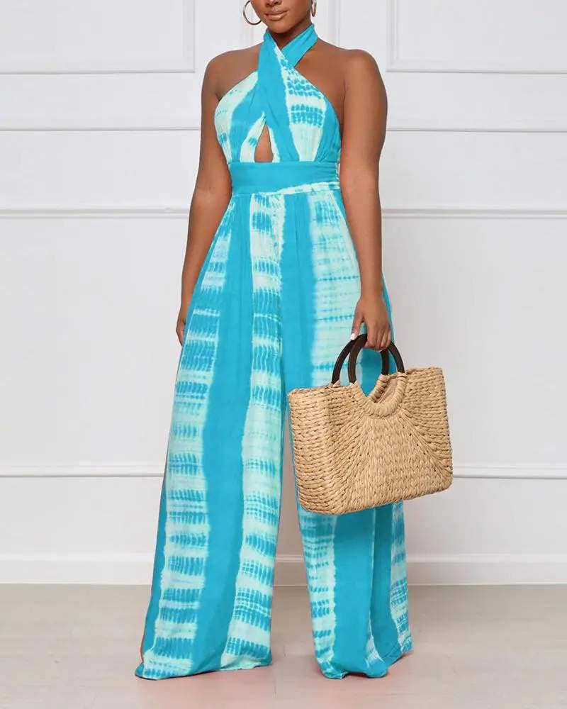Print halter backless high waist wide leg jumpsuit: ORANGE / 1-1-1-1 / S-M-L-XL