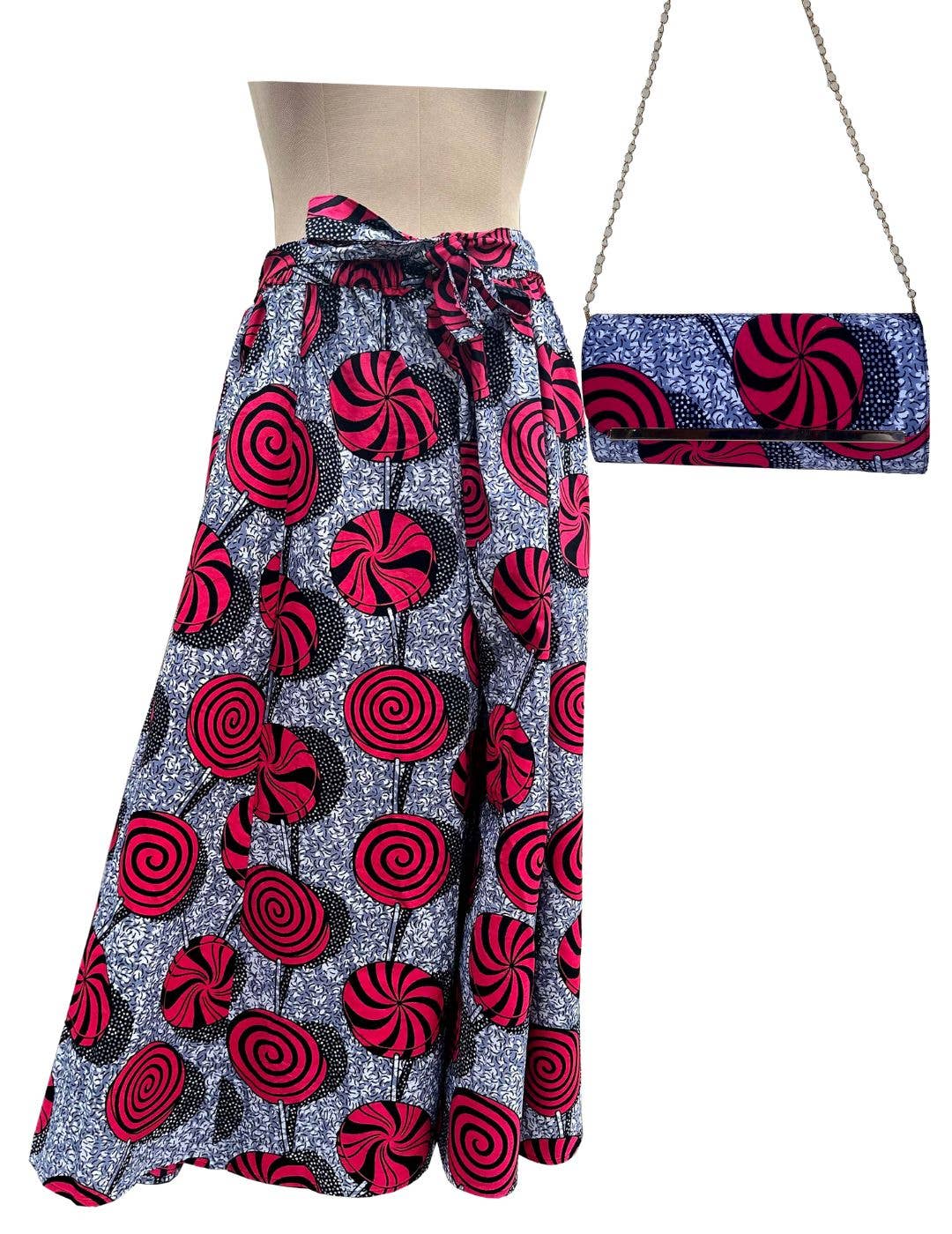 African Ankara Women Casual Long Maxi Skirt & Handbag Set: Only Skirt - Plus Size