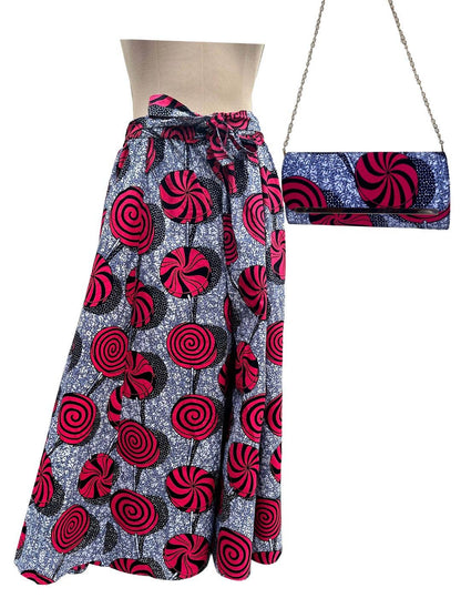African Ankara Women Casual Long Maxi Skirt & Handbag Set: Only Skirt - Plus Size