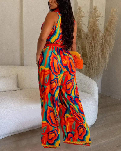 Multi color abstract print wide leg jumpsuit: MULTICOLOR / 1-1-1-1 / S-M-L-XL