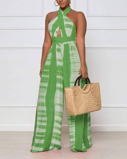 Print halter backless high waist wide leg jumpsuit: ORANGE / 1-1-1-1 / S-M-L-XL