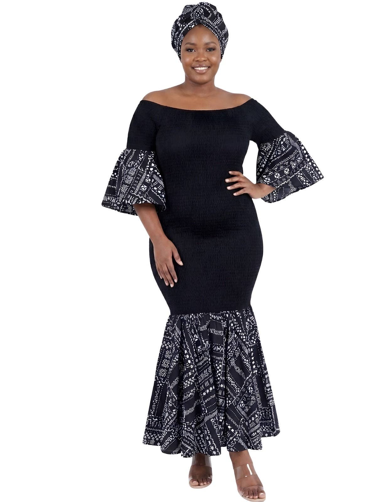 African Trim Black Long Smocked Mermaid/Fish Tail Dress | One Size & Plus Size: One Size